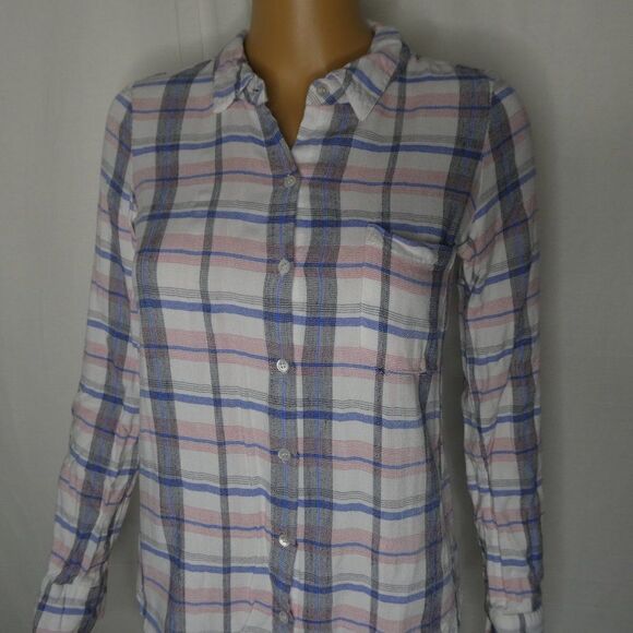 Soft Joie Annabella Button Down Plaid Shirt Top Blouse Long Tab Sleeve XS - Picture 3 of 11
